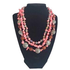 Estate Sale Jewelry Coral Pink Beaded 3 Tiered Strands Necklace